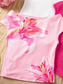 Sparklyn 3pcs/Set Girls' Off-Shoulder Snug Fit T-Shirts, Vacation Style, Multicolor - Multicolor - View 4