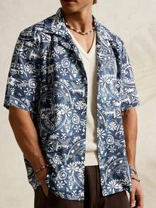 Airaco 男士休闲度假风全幅植物印花翻领短袖衬衫，夏季 - 藍色 - 查看 5