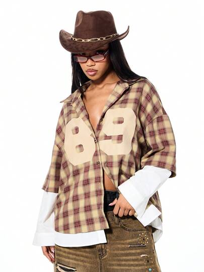 SUMWON WOMEN Camisa de mujer con botones y estampado de números, de doble capa, de manga larga y cuello, de estilo casual para otoño e invierno