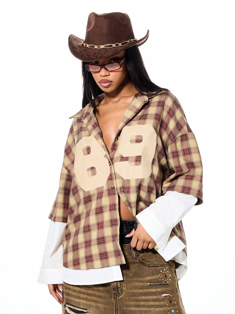 SUMWON Women Oversized Plaid Button Down Shirt With Number Print Double Layer Long Sleeve Collared Blouse Fall Winter Casual Top
