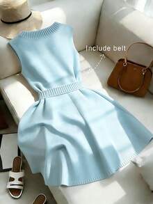 SHEIN Franclia 女士休闲优雅日常百搭纯色V领无袖修身金属纽扣腰带交叉蓝色中长针织连衣裙，春夏款 - 藍色 - 查看 2
