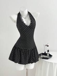 Elamini 女士波点撞色蕾丝收腰深V领连衣裙 - 黑色 - 查看 5