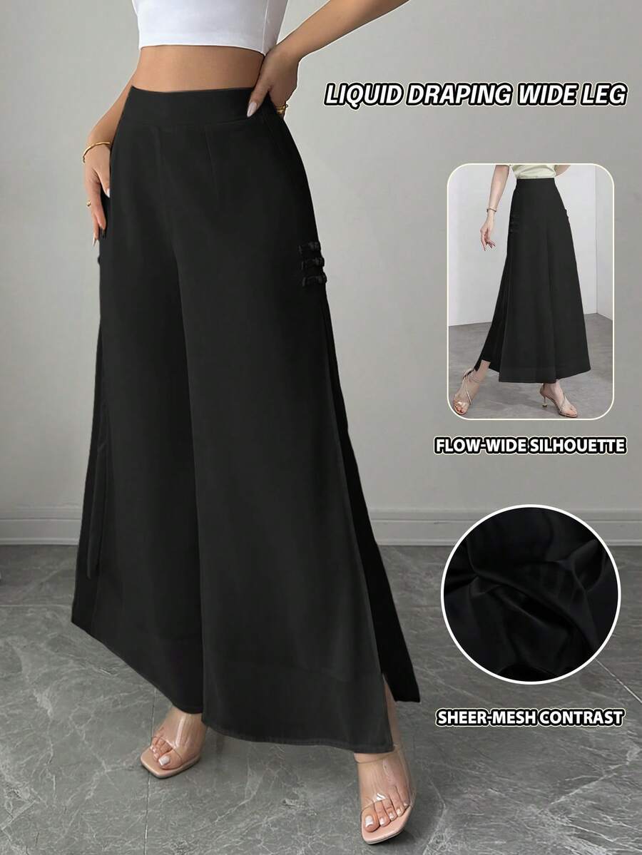 Elenzga 女士优雅阔腿裤，春夏舒适，新款中国风 - 黑色 - 查看 1