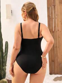 Swim Lushoire Plus Size Women V-Neck One-Piece Swimsuit,Black,Summer,Classy,Formal,Beach,Evening,Holiday,Adjustable Thick Strap Criss-Cross Ruched Fitted Swimwear - Black - View 2