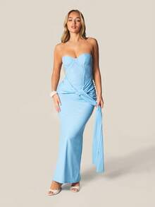 MISSGUIDED Strapless Light Blue Lace Corset Detail Maxi Dress With Front Tie And Fitted Silhouette For Special Occasions - Dusty Blue - View 5