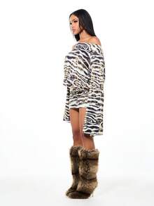 SUMWON Plus Size Off Shoulder Long Sleeve Abstract Print Mini Dress With Tie Back Detail - Black - View 6