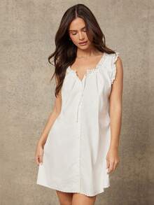 WESTFADE Đầm babydoll mini dáng rộng, xếp ly, cài cúc phía trước. - trắng - Xem 4