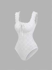 Sweetra Women's Vacation Style French Retro Ruffled Drawstring Embroidered Slim Fit Bodysuit, Spring/Summer - White - View 1