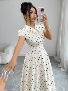 Elenzga 女士梭织波点印花面料翻领纽扣前襟褶裥肩部灯笼袖腰部褶裥A字优雅复古时尚商务休闲度假黑白波点长裙，春夏款 - 彩色 - 查看 3