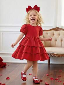 1pc Young Girl Deep Red Short Sleeve Round Neck Cake Dress,3D Ruffle & Pearl Decor,Summer Satin Party Dress,Flattering Silhouette For Celebration - Red - View 1