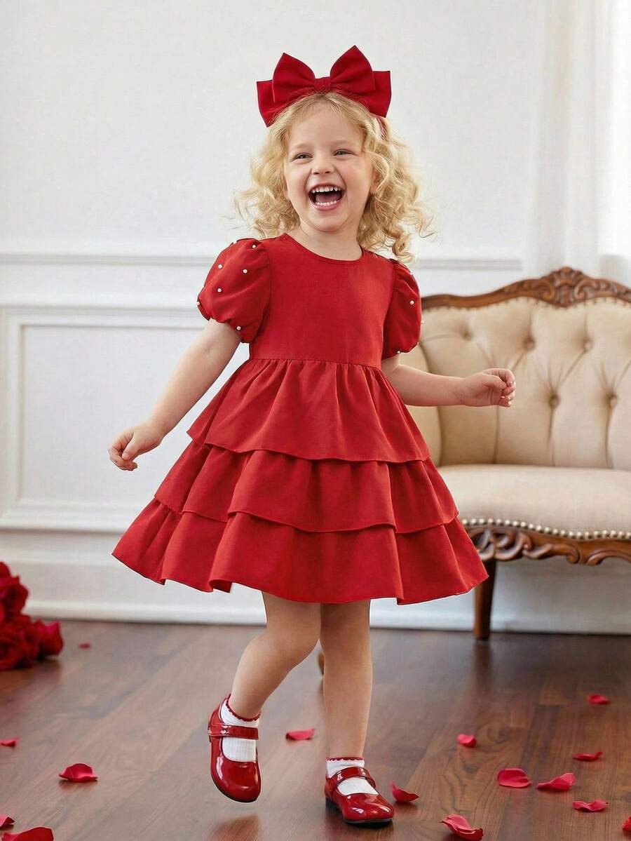1pc Young Girl Deep Red Short Sleeve Round Neck Cake Dress,3D Ruffle & Pearl Decor,Summer Satin Party Dress,Flattering Silhouette For Celebration - Red - View 1