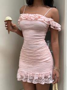 Sunnyshic Women's New Year, Halloween, Christmas Themed Dresses, Thanksgiving Outfits, New Arrivals, Summer, Spring, Autumn, Winter Suitable For Parties, Commuting, Daily Outings, Vacations - Women's Pink Dress, Summer Dress, New Year's Eve Dress, Christmas Party Dress, Elegant Party Dress, Sweet & Elegant Double Ruffle Collar, Pleated Waist Fitted Dress With Spaghetti Straps - Pink - View 1