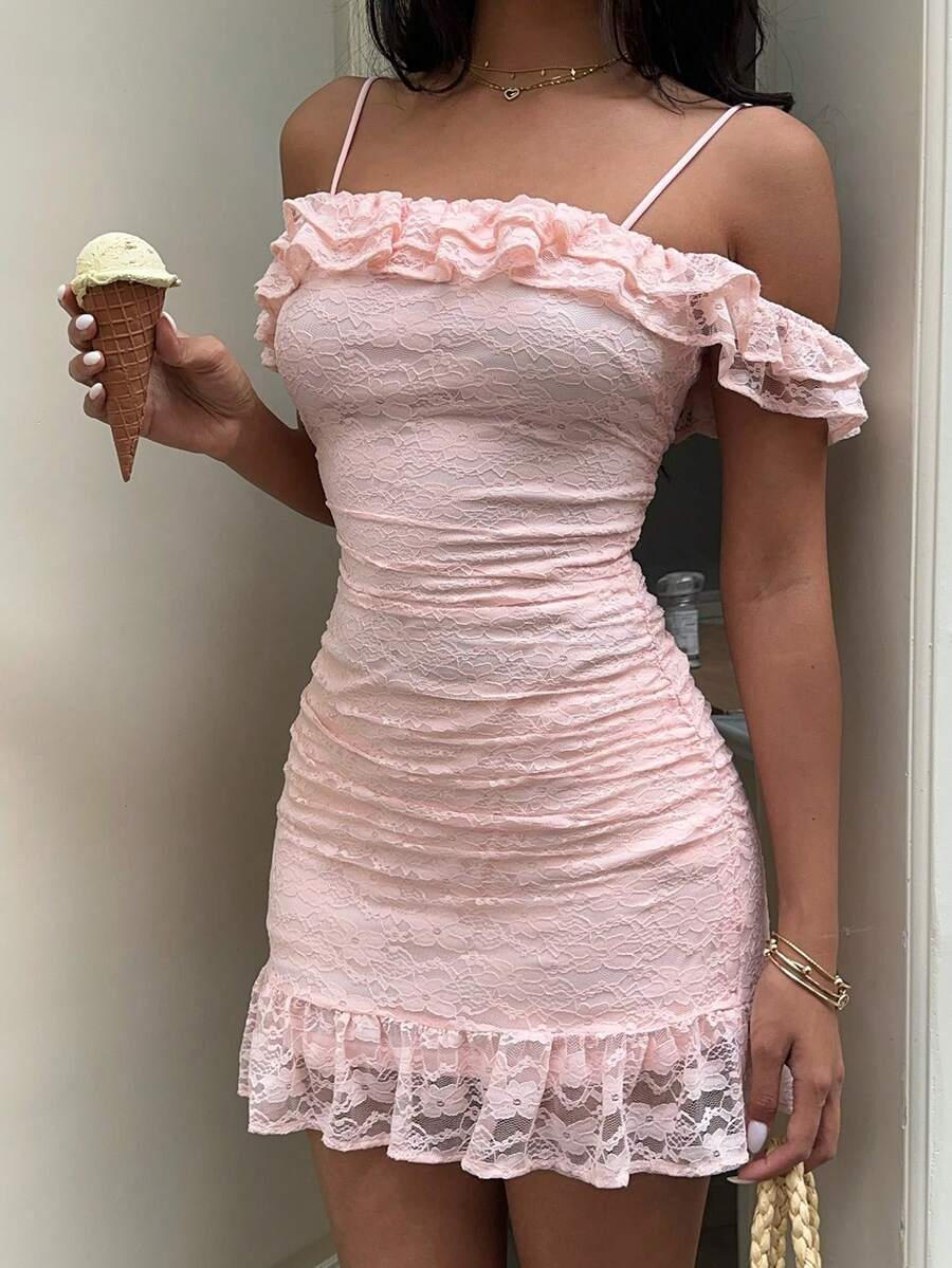 Sunnyshic Women's New Year, Halloween, Christmas Themed Dresses, Thanksgiving Outfits, New Arrivals, Summer, Spring, Autumn, Winter Suitable For Parties, Commuting, Daily Outings, Vacations - Women's Pink Dress, Summer Dress, New Year's Eve Dress, Christmas Party Dress, Elegant Party Dress, Sweet & Elegant Double Ruffle Collar, Pleated Waist Fitted Dress With Spaghetti Straps - Pink - View 1