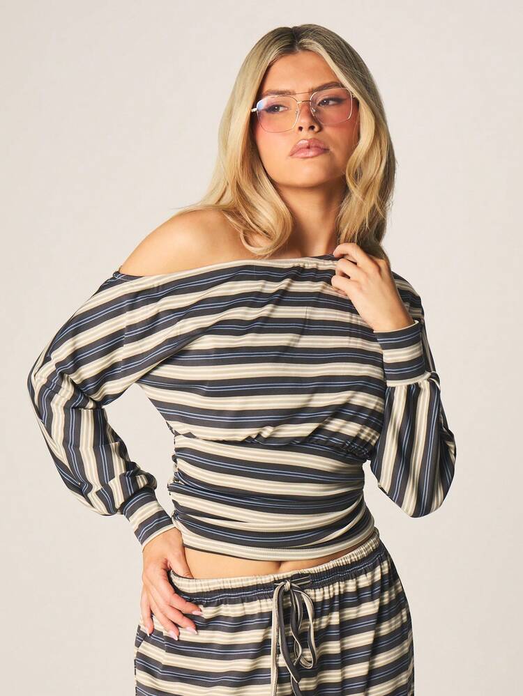 MISSGUIDED Striped Off Shoulder Cinched Waist Long Sleeve Casual Fall Autumn Winter Blouse Top With Horizontal Multicolor Stripes