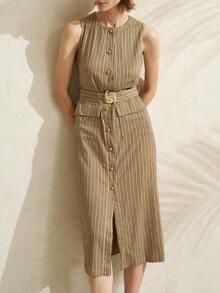 Airaco Women's Casual Everyday/Work Commute Striped Print Flap Pocket Belted Sleeveless Dress, Summer - Brown - View 4