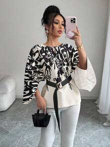Rafferiza Women's Elegant Floral Print Shawl Collar Cinched Waist Blouse, Suitable For Spring/Summer Outings And Dates - Apricot - View 6