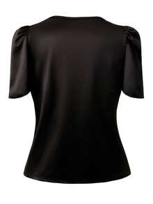 EMERY ROSE Women's Fashion Ruffle Neck Short Sleeve Pleated Hem Elegant Mature Casual Vacation Outing Party T-Shirt, Spring/Summer - Black - View 2