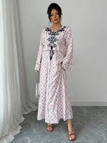 Yasmyna 女士宽松印花长袖阿拉伯连衣裙 - 粉色 - 查看 6