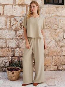 Parysyn 大号梭织纯色休闲夏季两件套 - 杏色 - 查看 5