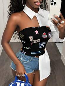 BamGleam Women's Letter Print Dropped Shoulder Long Sleeve Fashion Shirt, Summer - Black and White - View 4