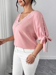 Elenzga 优雅时尚圆领荷叶边系带半袖珍珠装饰大码女式衬衫春夏上衣优雅休闲女士衬衫粉色夏季上衣 - 粉色 - 查看 4
