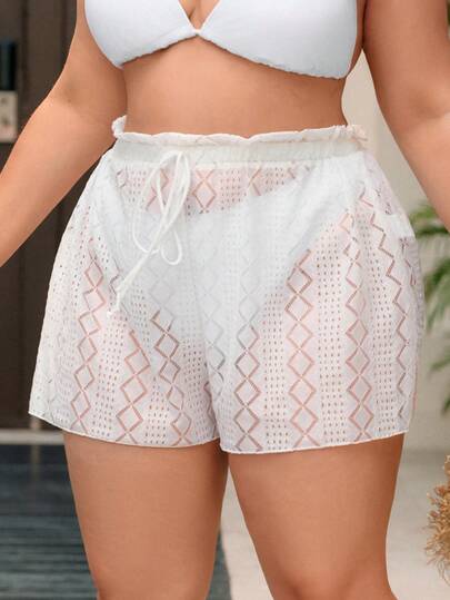 Swim Lushoire Plus Size Women Summer Beach Vacation Solid Color Hollow Semi-Sheer Twist Waist Loose Cover-Up Shorts Set