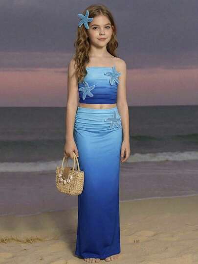 SHEIN Tween Girl Blue Color Mermaid Tie Dye Gradient Print Starfish Deco Patchwork Fitted Casual Elegant Comfortable Tank Top And Mid Skirt 2pcs Set, Suitable For Beach Vacation, Suitable For Music Festival, Boho Vacation, Summer Vacation Outfit, Beach Dress