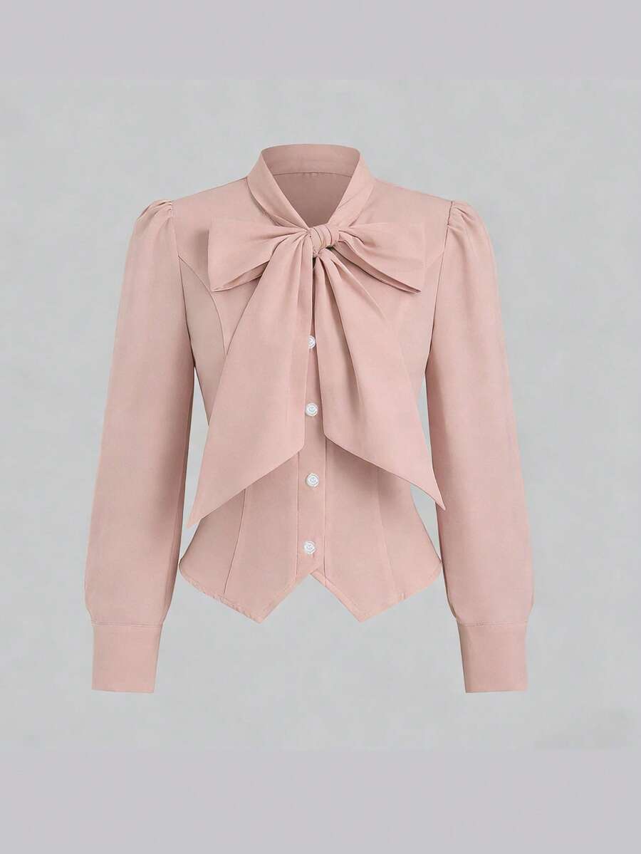 SHEIN Sweetro Áo sơ mi dài tay nữ công sở kiểu thắt eo kiểu Pháp, thích hợp cho mùa thu. - Màu Hồng baby - Xem 1