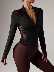 Dewbera Dewbera Women's Geometric Mesh Patchwork Long Sleeve Sports Jacket - Black - View 1