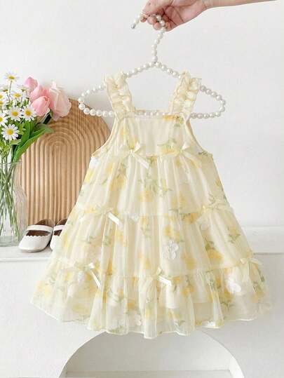 SHEIN Baby Girls' Floral Embroidered Chiffon Delicate 3D Bow Decor Yellow Strap Dress