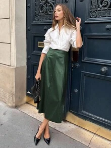 Pariaura 女士绿色皮革拉链A字裙，适合万圣节派对、婚礼宾客等场合，优雅百搭，冬季外出穿着，适合秋冬季节、圣诞节等各种场合，时尚别致，休闲百搭，棕色裙子，适合圣诞节、万圣节等各种场合。 - 墨綠色 - 查看 8