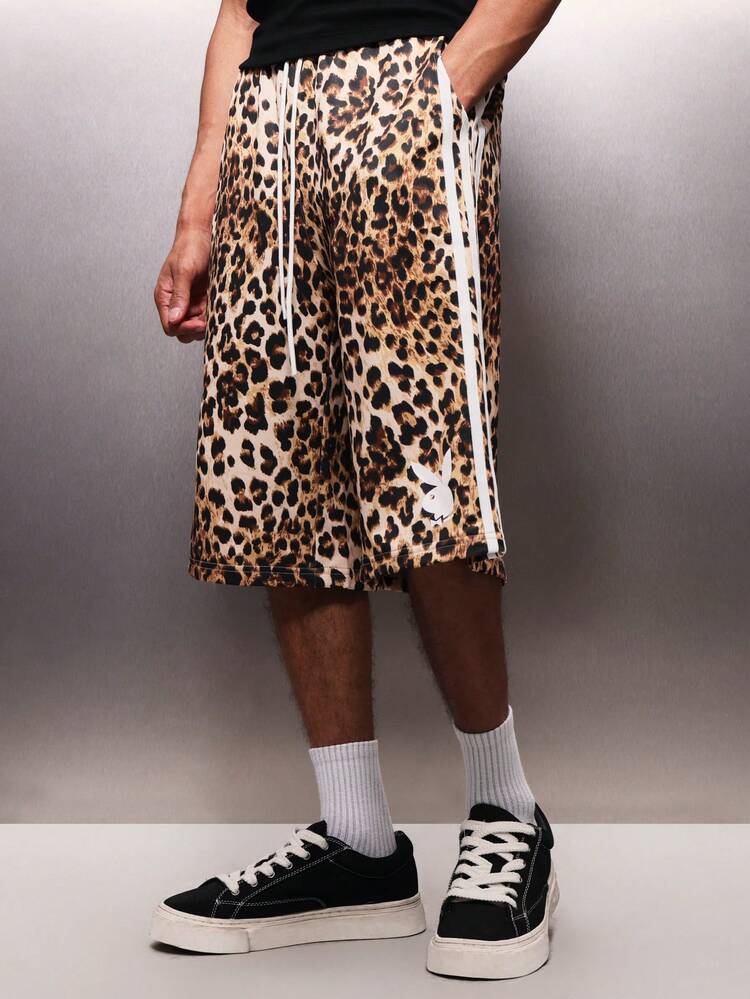 PLAYBOY X SUMWON Men's Leopard Print Jersey Jorts With White Side Stripes Knee Length Pull On Basketball Style Casual Shorts