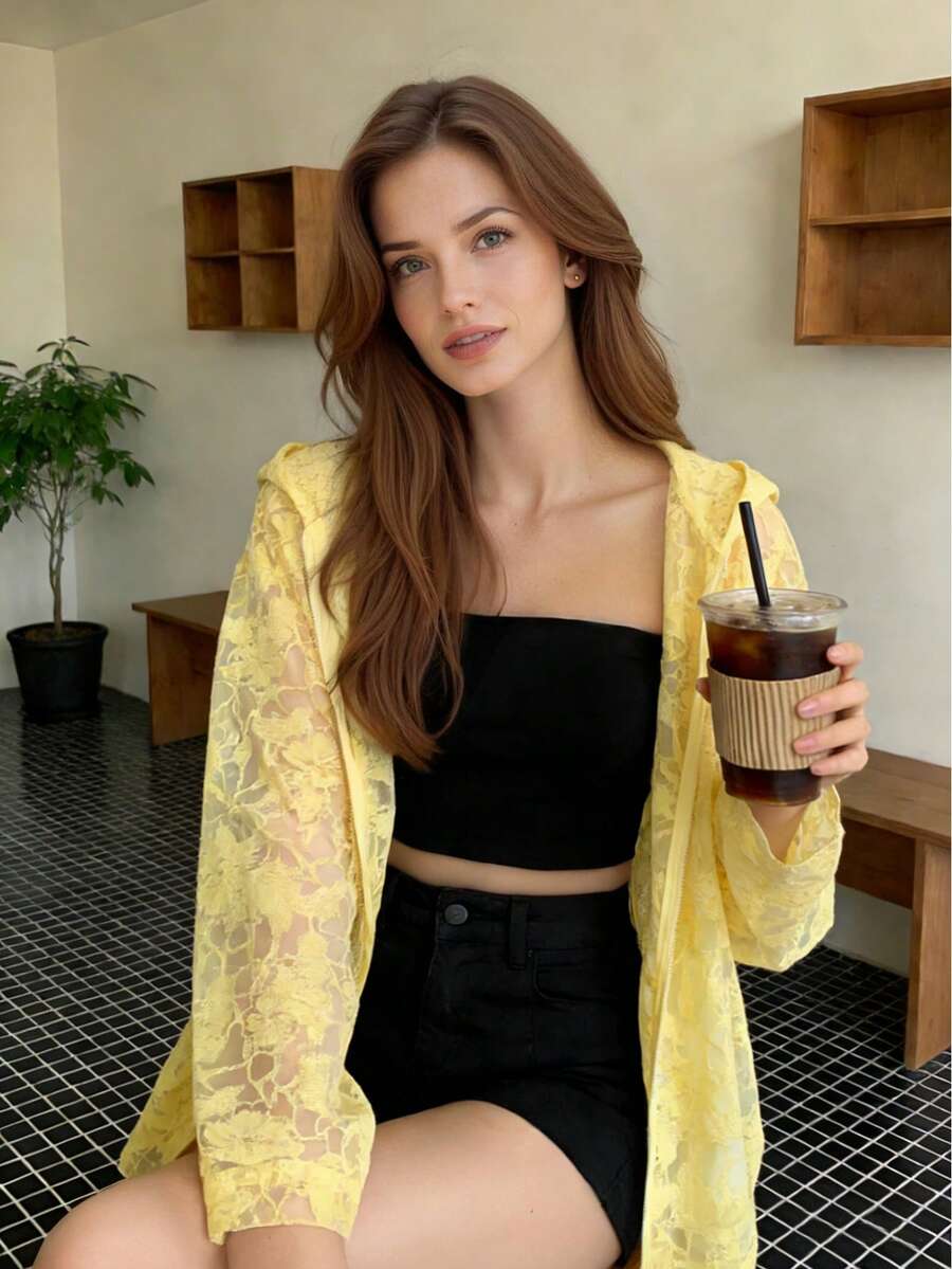 INAWLY 纹理面料宽松连帽女式浅黄色轻薄外套 - 黃色 - 查看 1