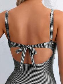 Swim Basics Women's Sexy One-Piece Striped Hollow Front Lace-Up Back Swimsuit, Summer - Black - View 4