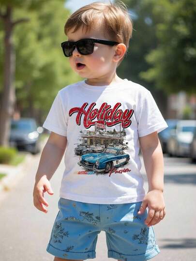 Young Boy Casual Cartoon Pattern Short Sleeve Round Neck T-Shirt, Suitable For  Summer Y2k Vacation Goth Gothic Streetwear Sumwon Burgundy Holiday Vintage Boho Festival Gras Party Cute Birthday Boys Modest Home Casual Cozy