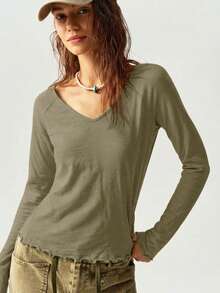 Bohemela 女士度假波西米亚风休闲秋冬 V 领长袖宽松 T 恤 - 軍綠色 - 查看 4
