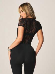 MISSGUIDED Elegant Lace Bodysuit Short Sleeve Crew Neck See Through Sheer Top Classic Fitted One Piece Lingerie Evening Party Occasion - Black - View 2