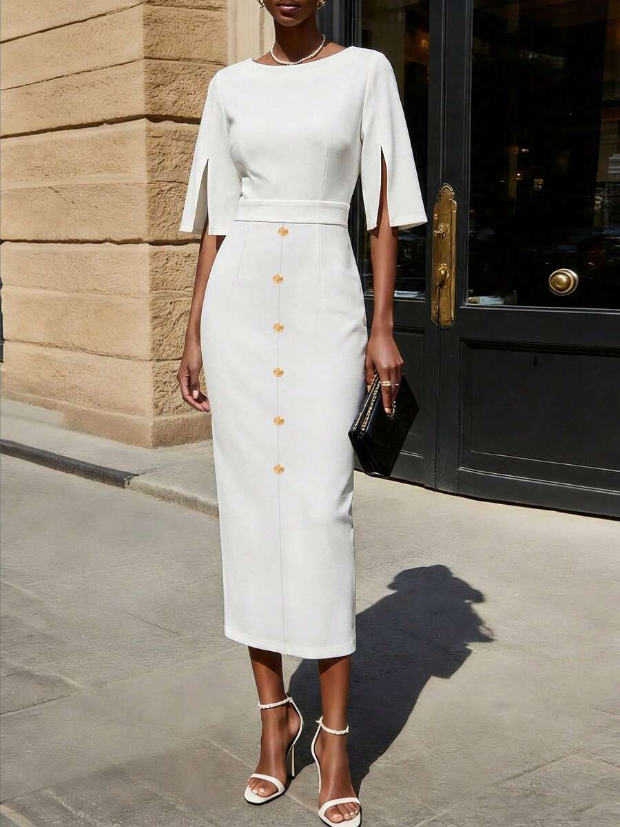 Balvessa Women's Fashion Five-Sleeve Split Waist Button Elegant Bodycon Dress, Suitable For Daily, Vacation, Outing, Party, Spring/Summer - White - View 1