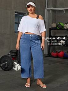 Flexra Quần jeans ống rộng cạp cao có cúc và túi dành cho nữ cỡ lớn, kiểu dáng thường ngày. - Rửa trung bình - Xem 7