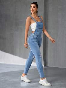 Flexra 女士纯色简约休闲牛仔连体裤 - 淺色水洗藍 - 查看 3