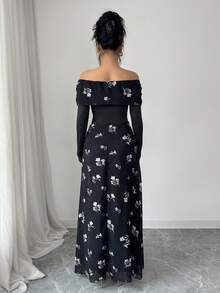 Modelyn 女士优雅无肩带印花上衣和高腰喇叭印花裙两件套 - 彩色 - 查看 2