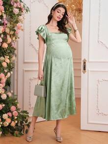 Momance D 孕妇连衣裙，方领，荷叶袖，绿色纹理面料，春夏款 - 綠色 - 查看 6