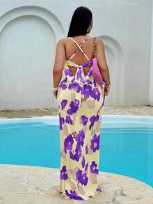 Sunnyshic Plus Size Women Floral Print Backless Criss-Cross Design Fashion Spaghetti Strap Dress - Yellow - View 1