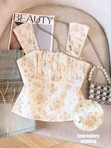 GlowEve Light Yellow Embroidered Print Ruched Crop Vacation Shirt For Women - Light Yellow - View 1