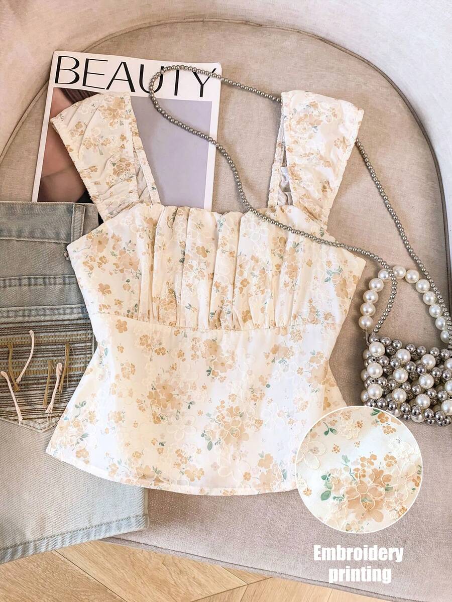 GlowEve Light Yellow Embroidered Print Ruched Crop Vacation Shirt For Women - Light Yellow - View 1