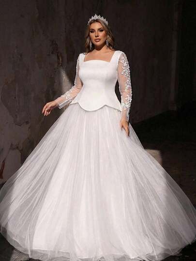 Glamrae Plus Size Elegant Luxurious Romantic White Wedding Dress With Satin & Mesh Patchwork, Asymmetric Collar, Floral Applique, Long Sleeve, A-Line Hem, Bridal Gown For Wedding Ceremony, Valentine's Day