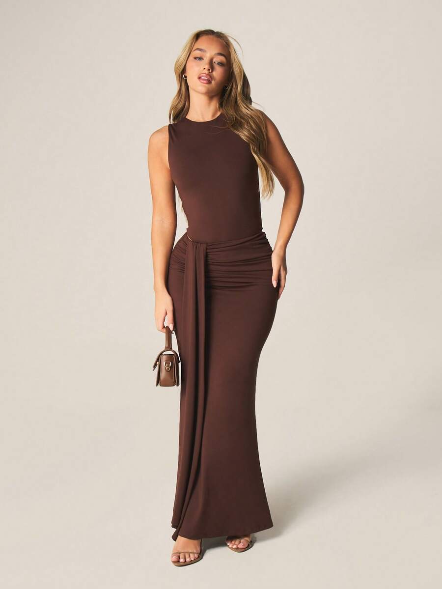 MISSGUIDED Double Layered Racer Neck Bodysuit With Ruched Maxi Skirt Co-Ord Set Two Piece Sleeveless Fitted Outfit - Coffee Brown - View 1