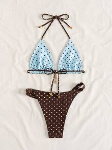Swim Mod Women's Summer New Contrast Color Polka Dot Print Reversible Halter Tie Back Sexy Bikini Set, Suitable For Beach, Vacation - Multicolor - View 7