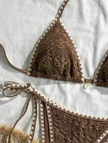 Swim Mod Women's Jacquard Fabric Shell Crochet Trim Shell Decor Bikini Set, Spring/Summer - Brown - View 2