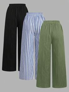 Set Of 3 High-Waisted Loose Straight-Leg Trousers With Drawstring And Pockets, Solid Color And Versatile, Suitable For Spring/Summer - Burgundy - View 2